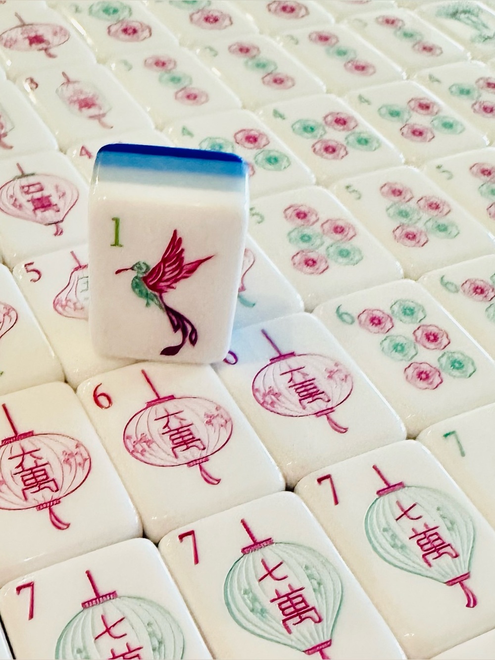 Vintage Style White and Blue Mahjong Tile Set with Pink & Green Designs